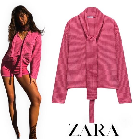 ZARA | Fuchsia | STRIPED SWEATSHIRT WITH SCARF - Picture 1 of 8